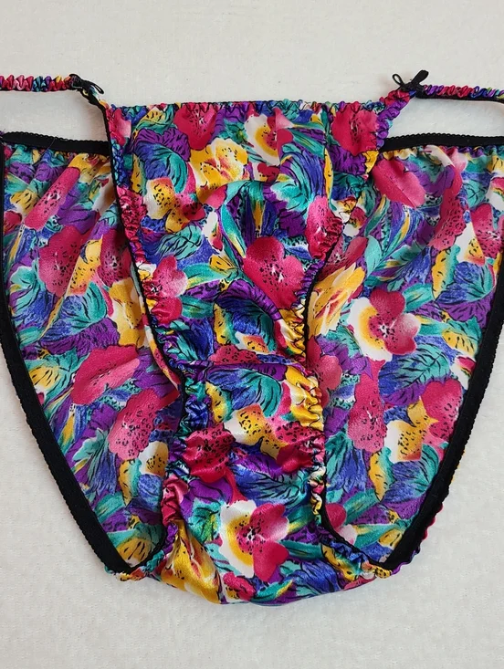 Vintage Silky Satin Vivid Colorful Floral Print String Bikini Panty Size Lg - Picture 1 of 5